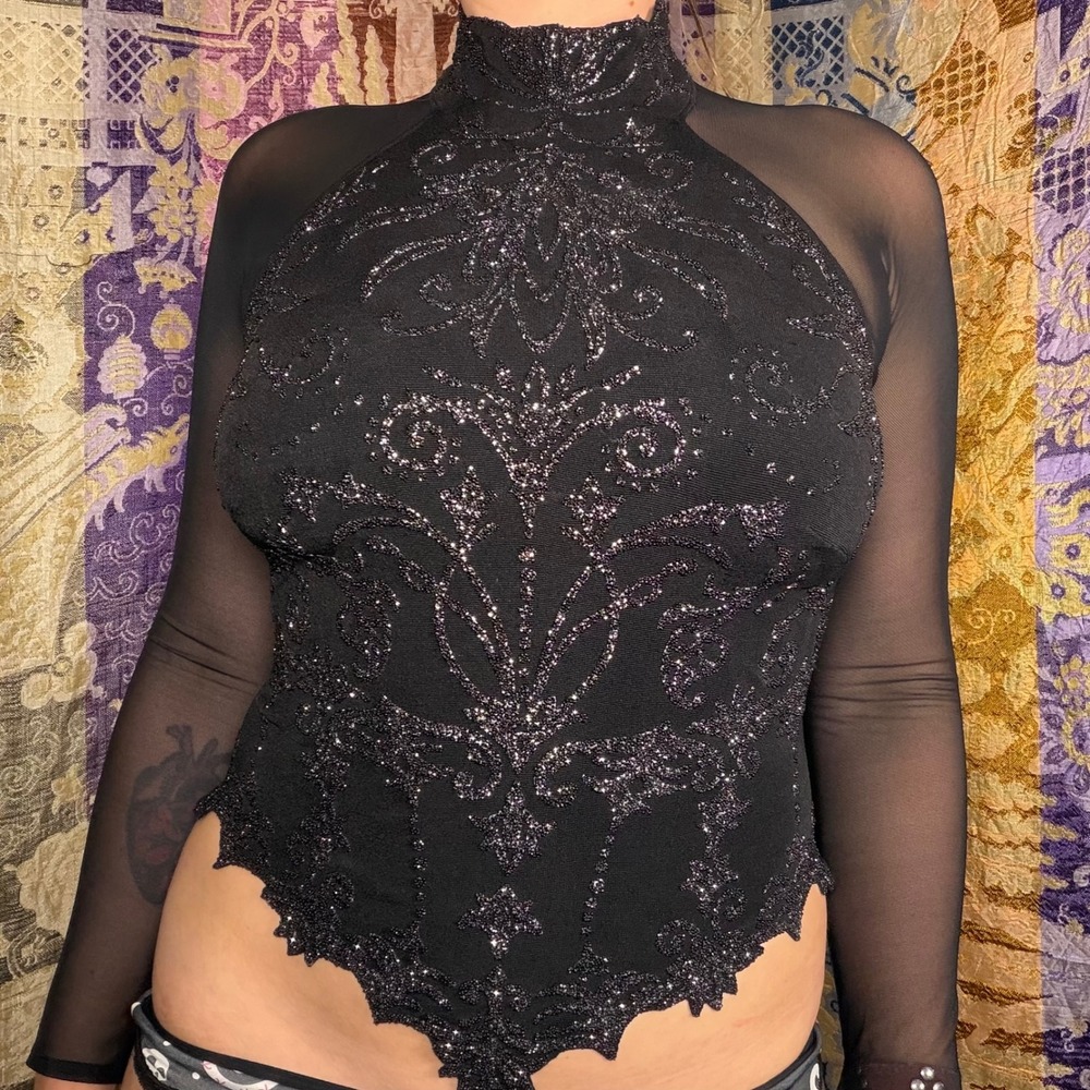 Vintage Goth Victorian Black Beaded Mesh Sleeve Mock Neck Vamp Witchy Top Size M